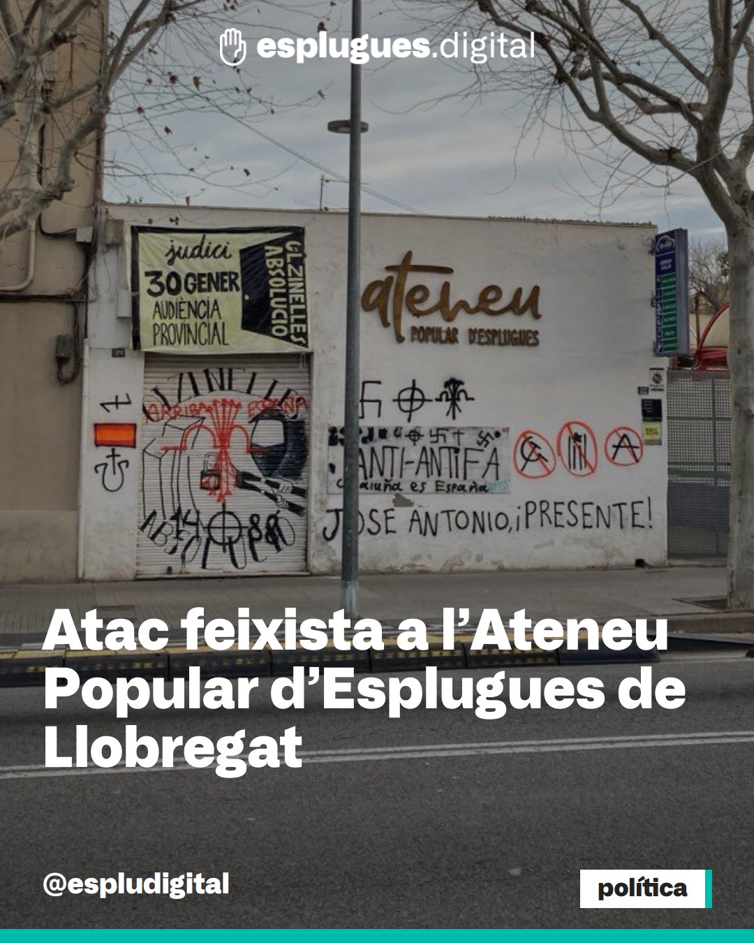 🔴 Atac feixista a l’Ateneu Popular d’#Esplugues de Llobregat

ℹ️ La façana de l'@ateneupopulardesplugues, vandalitzada amb simbologia nazi, franquista i espanyolista la matinada de dissabte a diumenge

🗞 Notícia completa a esplugues.digital